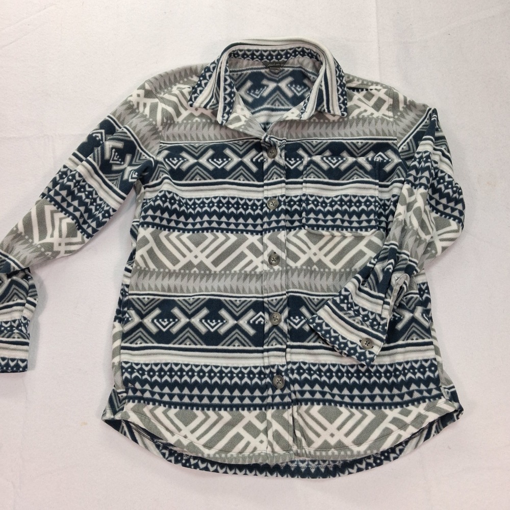 Eddie Bauer Fleece Shirt Womens S Geometric Navy Grey Button Down EUC
